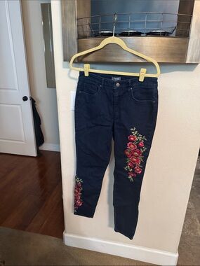Martha Stewart Navy Ankle Jeans with Red Floral Embroidery